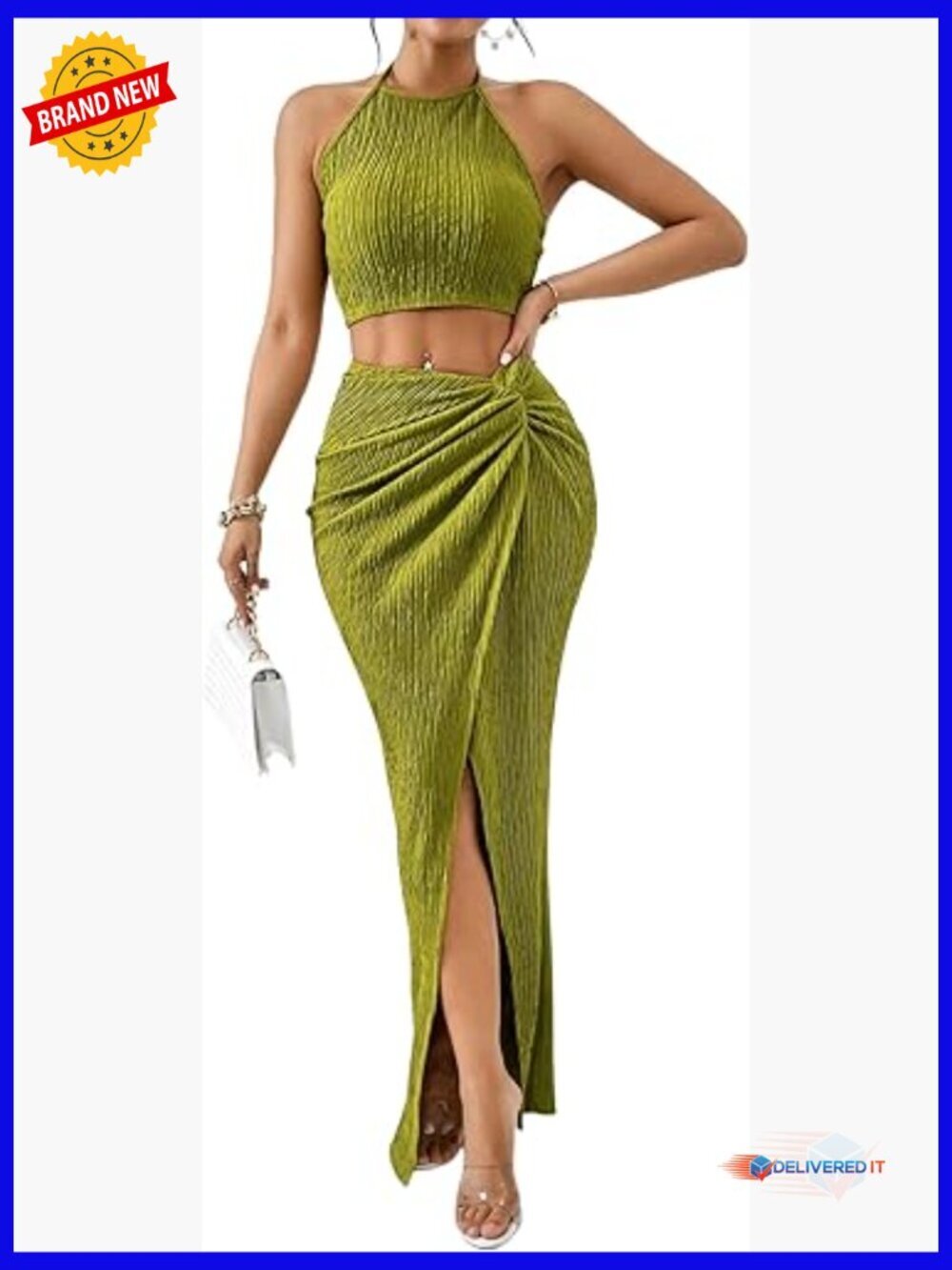2 Piece Summer Set: Halter Crop Top & Split Maxi Skirt